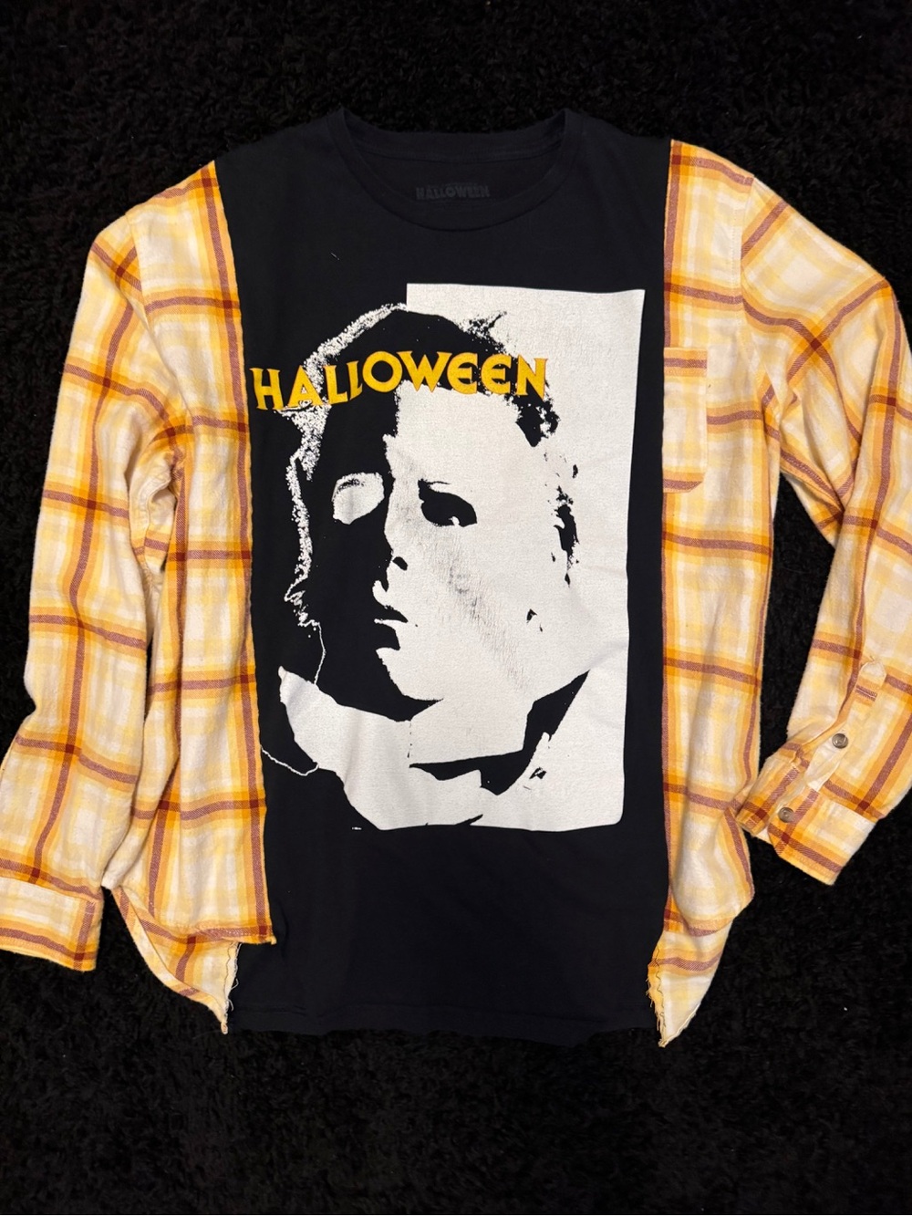 Upcycled Michael Myers Halloween Plaid Sleeve Tee